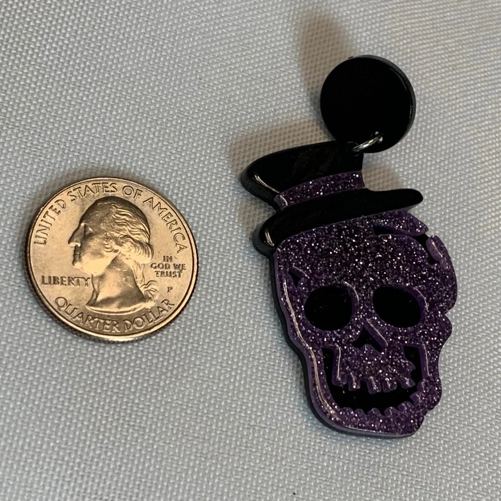NWT! Fun Dark PurpleAcrylic Glitter Skull with Hat Post Earrings!
